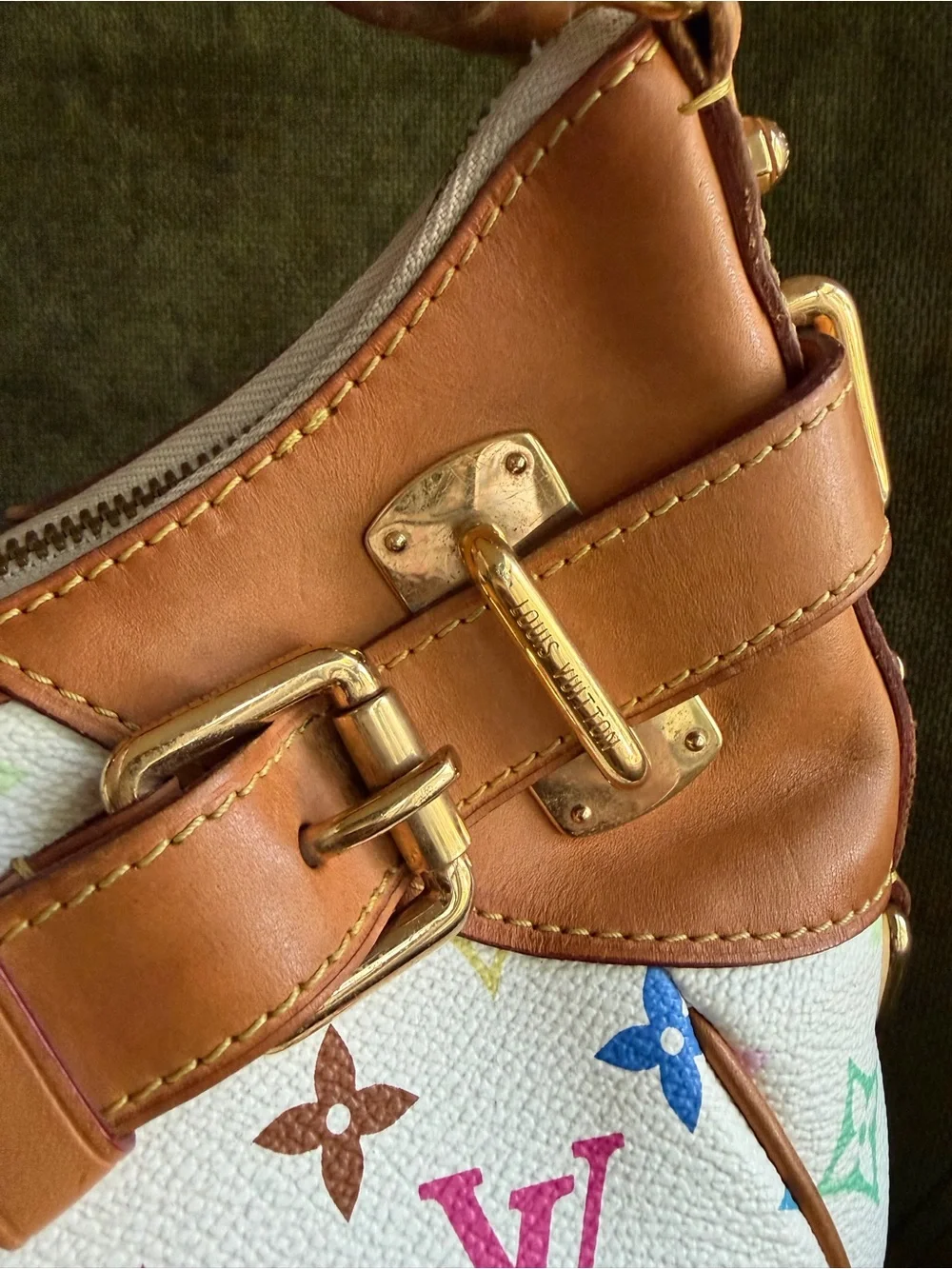 Louis Vuitton Multicolor Monogram White Canvas Shoulder Bag with Tan Trim